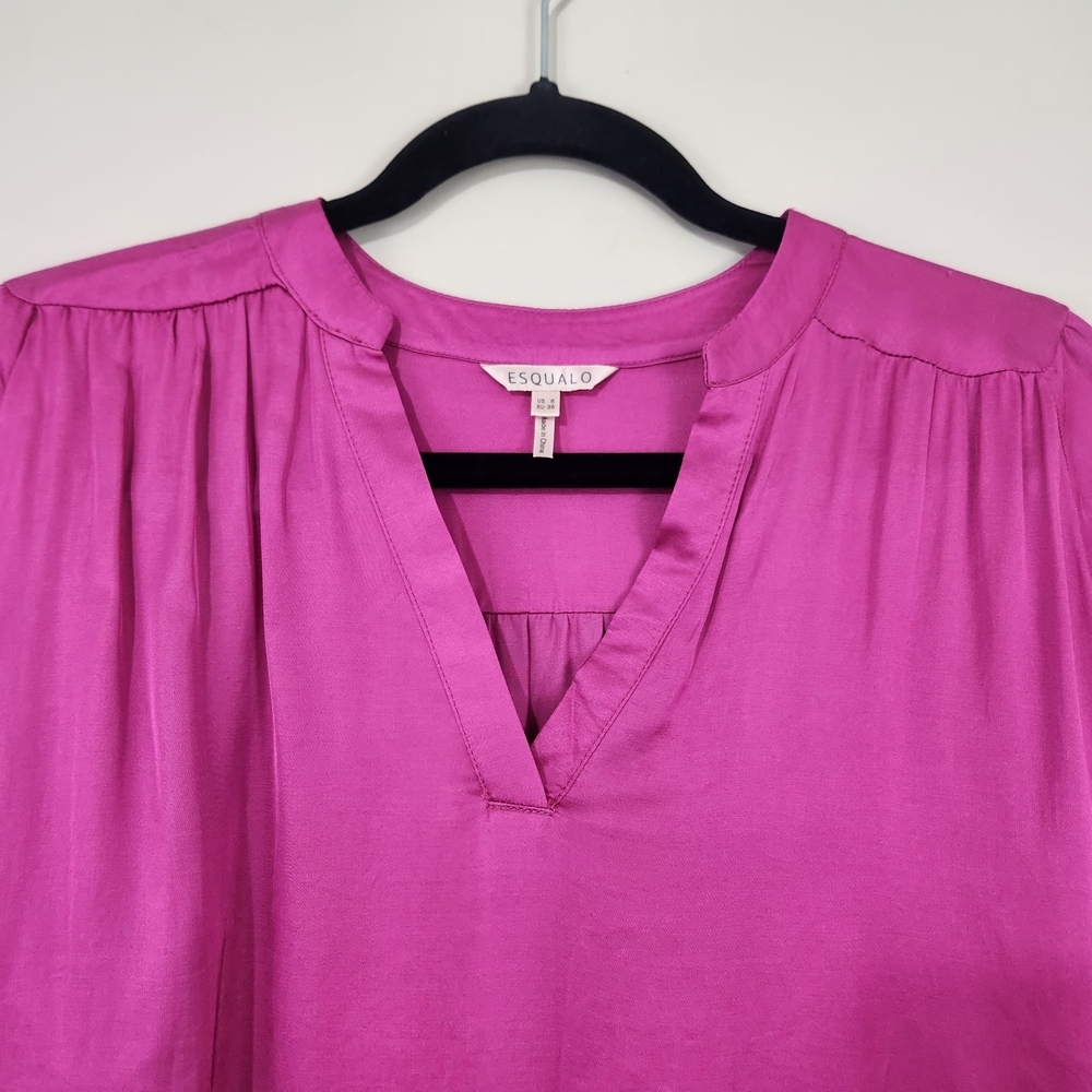 Esqualo Fuchsia Satin V-Neck Blouse Size 6 - Picture 4 of 10